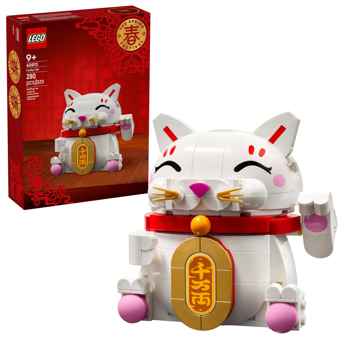 LEGO Lucky Cat waving paw figure for festive decor and play.