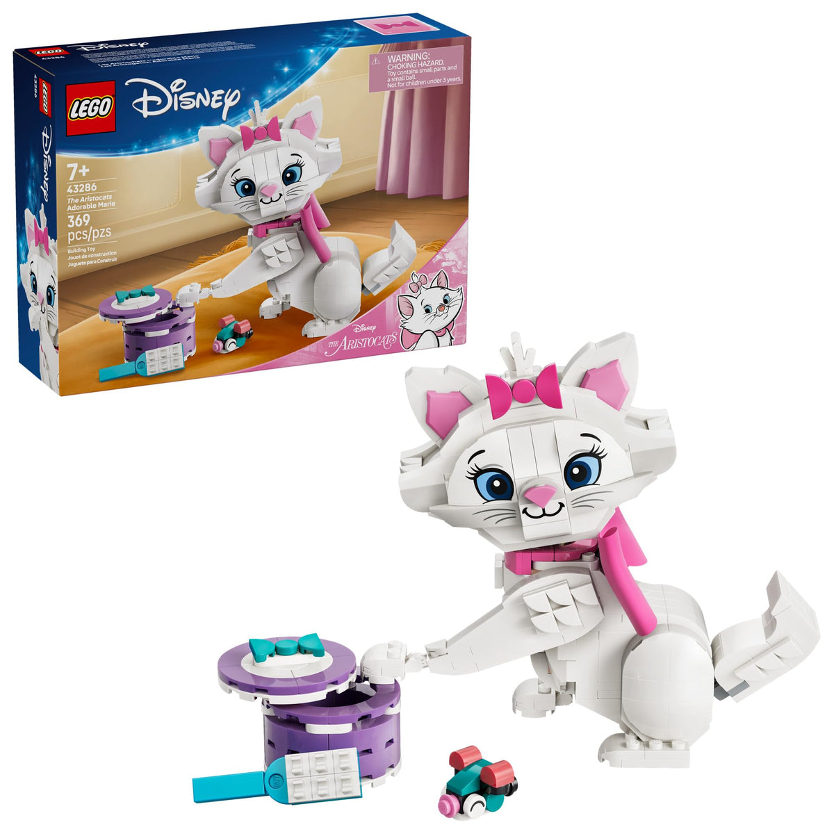 LEGO Marie adorable figure with movable head and paws for imaginative play.