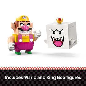 LEGO Super Mario figures in karts image, demonstrates character customization and dynamic racing setup.