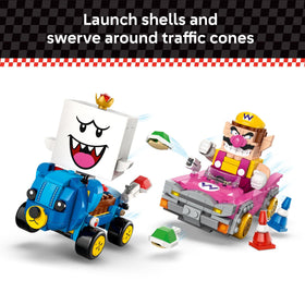 LEGO Mario Kart shell-launch action image, shows interactive projectiles for competitive play.