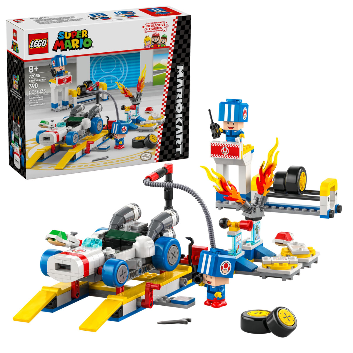 LEGO Mario Kart Toad's Garage blue pit crew figures boost imaginative racing play.