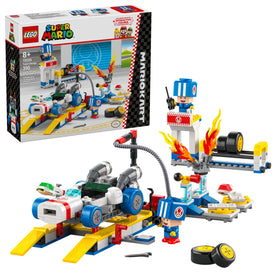 LEGO Mario Kart Toad's Garage blue pit crew figures boost imaginative racing play.