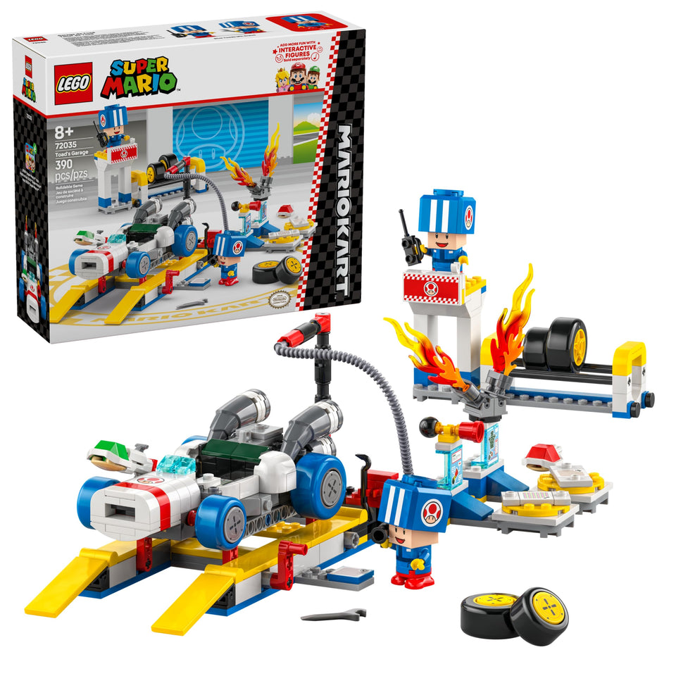 LEGO Mario Kart Toad's Garage blue pit crew figures boost imaginative racing play.