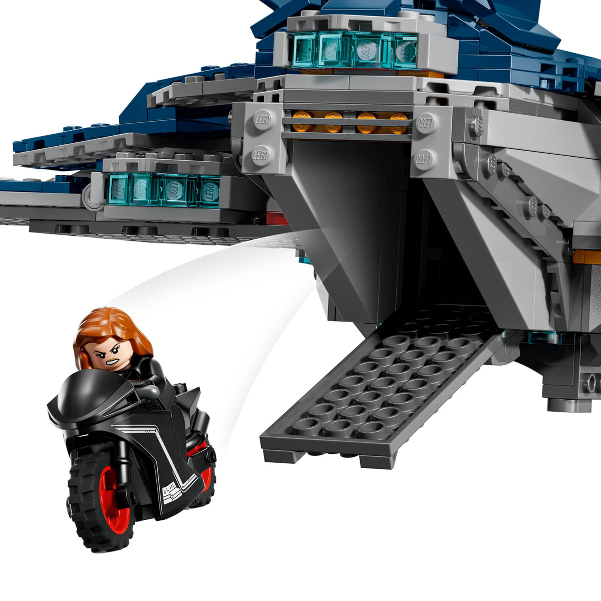 LEGO Marvel Avengers Quinjet rear loading door deploys Black Widow's motorcycle.