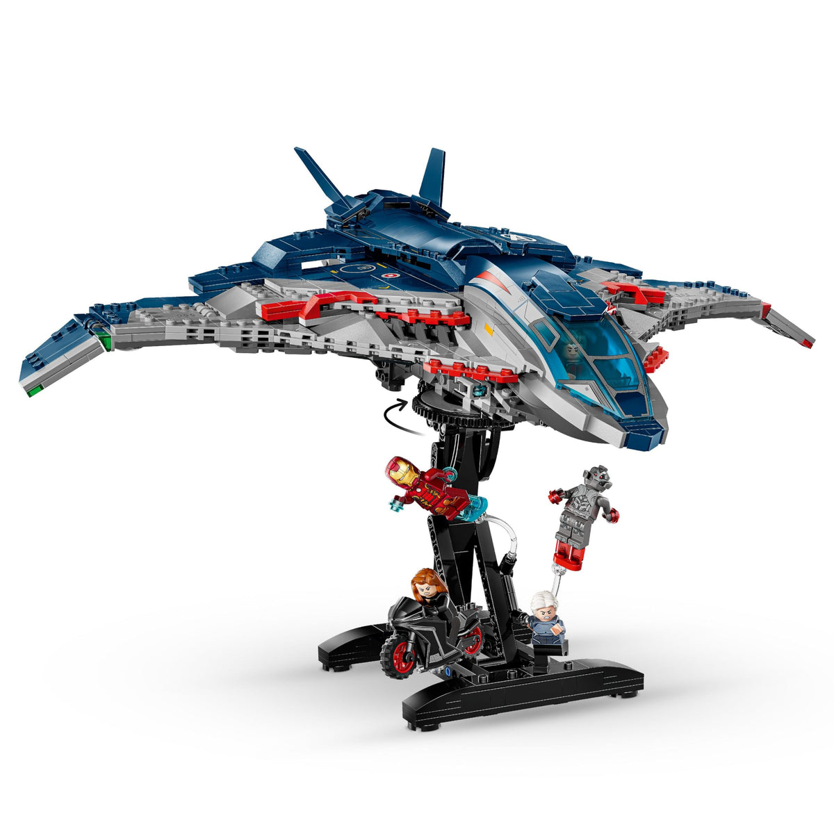 LEGO Marvel Avengers Quinjet rotating display stand enables 360-degree viewing.
