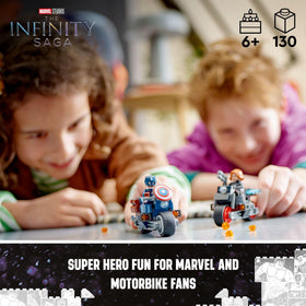 Captain America and Black Widow minifigures with shields on bikes for imaginative play
