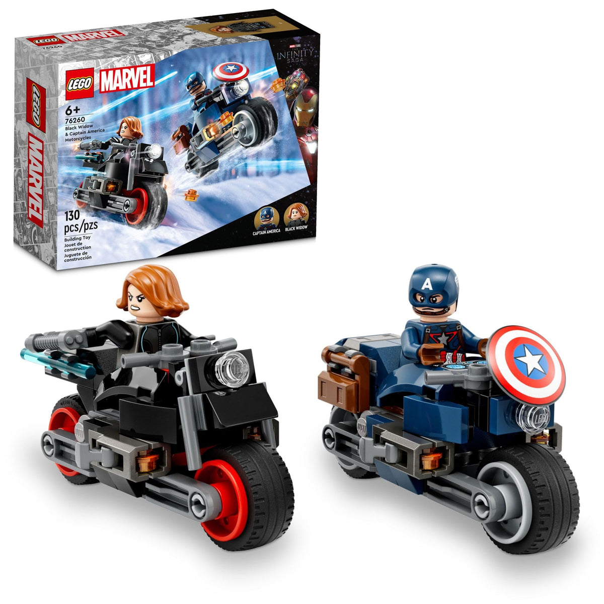 LEGO Marvel Black Widow and Captain America motorcycles assembly scene for kids