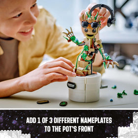 Pot storage keeps accessories organized during play with LEGO Marvel Dancing Groot.