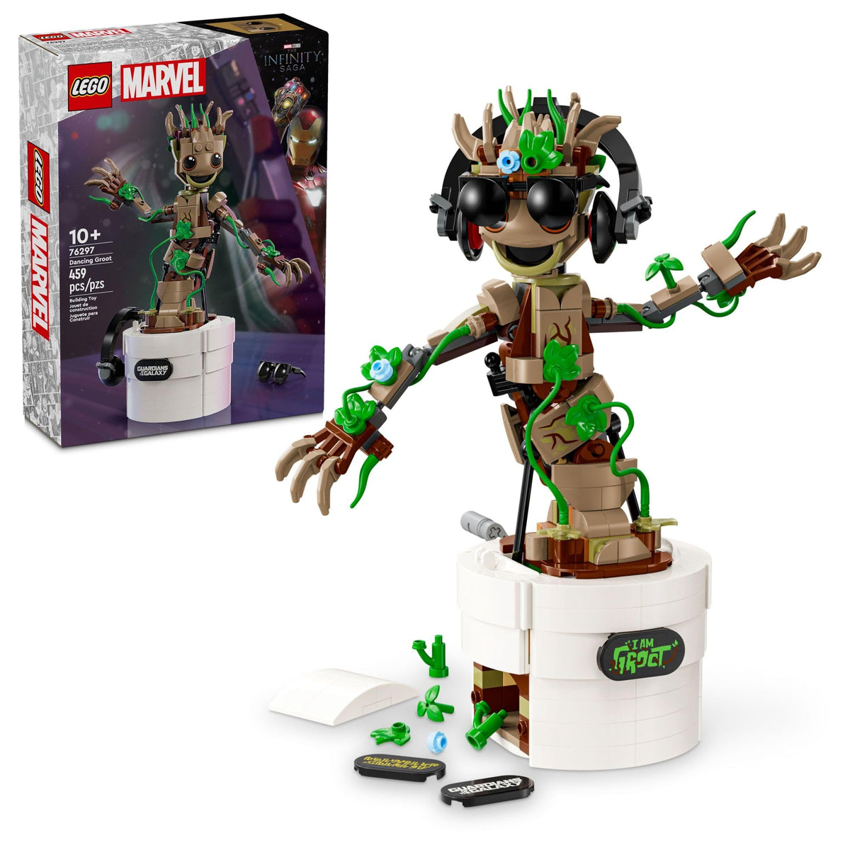LEGO Marvel Dancing Groot figure viewed frontally for imaginative play and display.