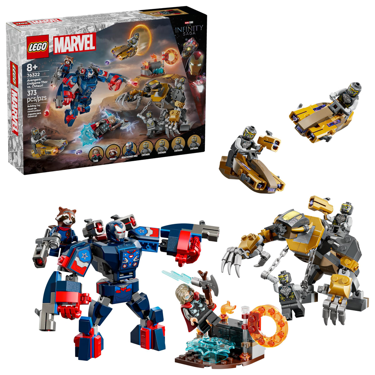 LEGO Marvel Endgame Iron Patriot mech poised for action, showcasing movable joints and shooter options.