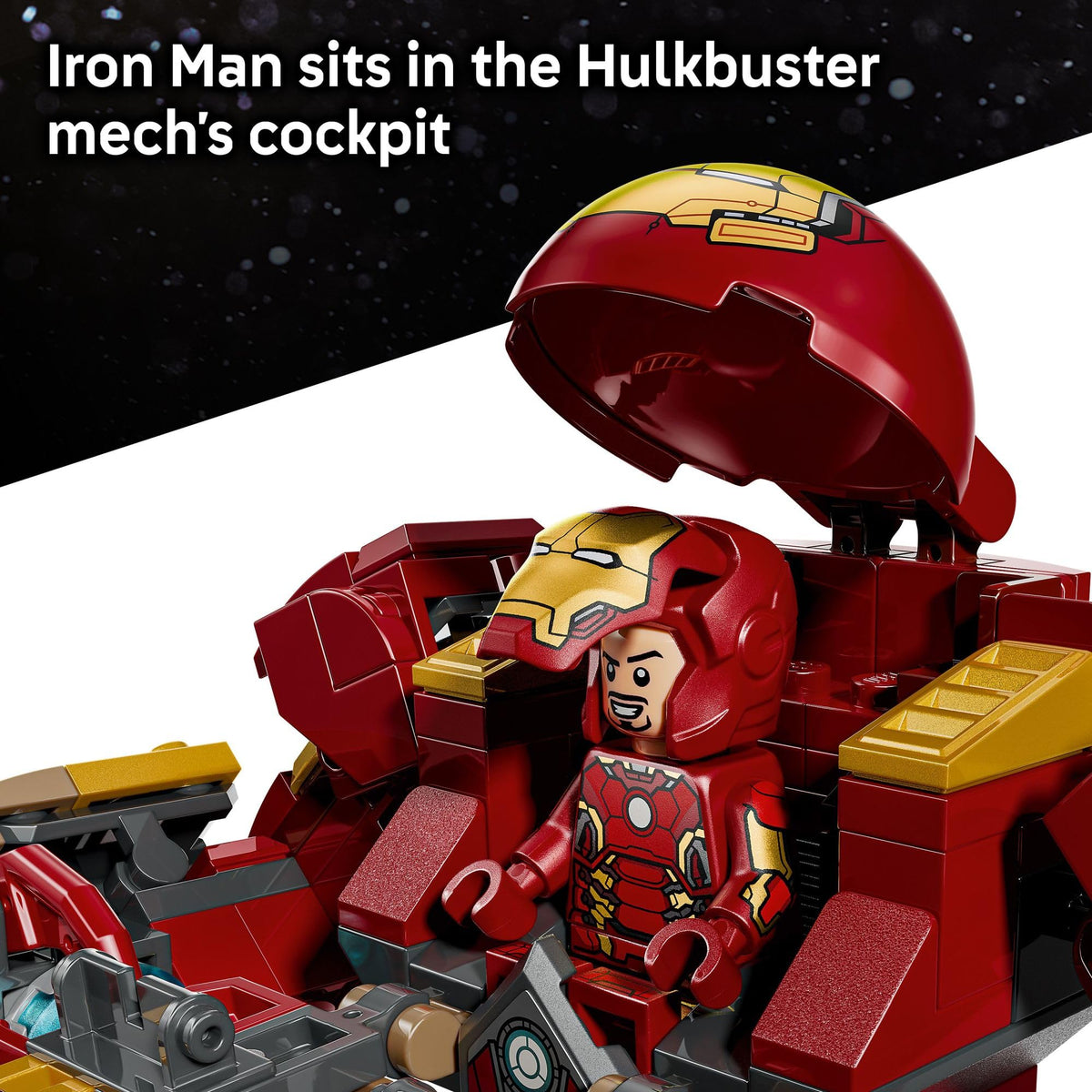 LEGO Hulkbuster display base with nameplate for shelf showcasing.