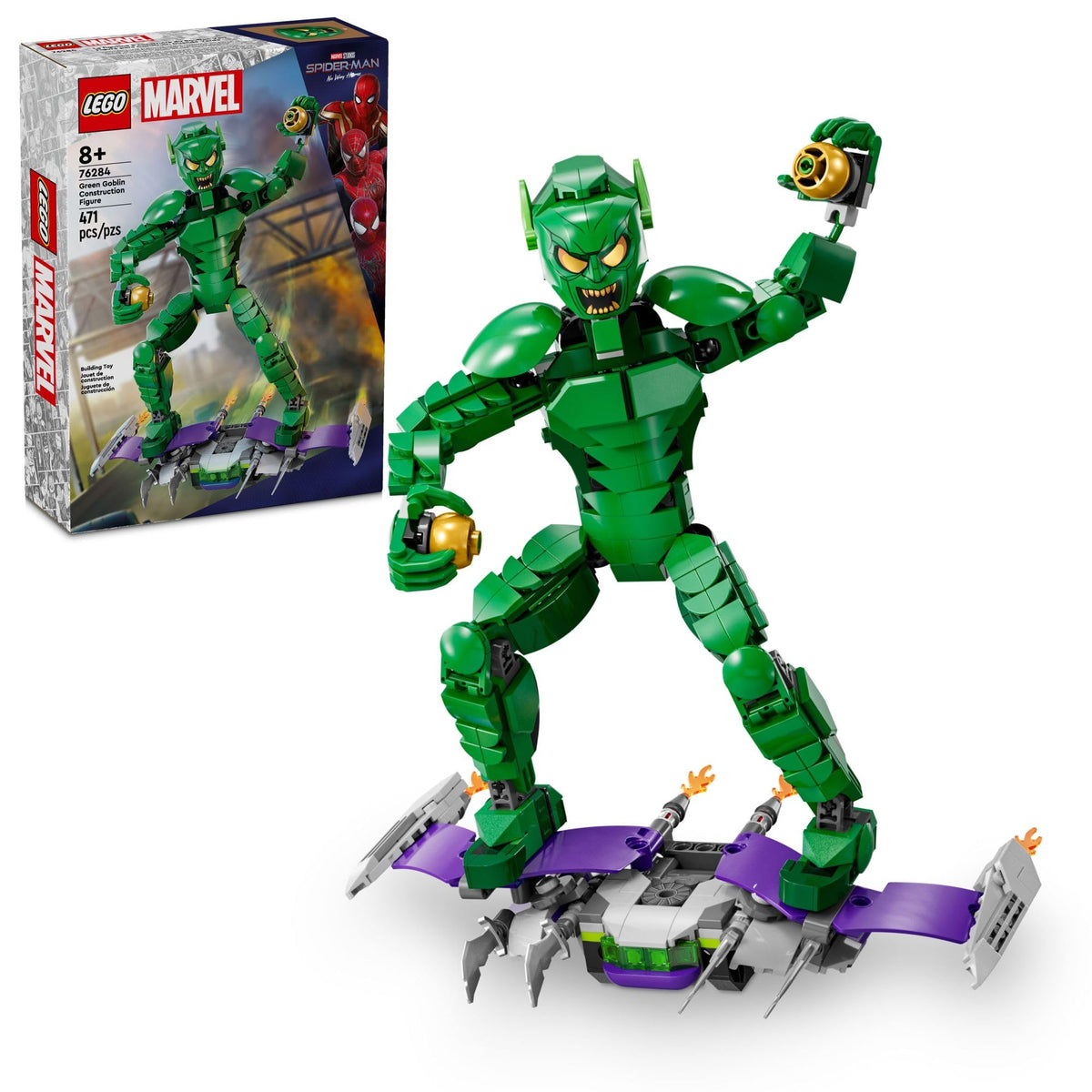 LEGO Marvel Green Goblin figure with glider for dynamic play and imaginative scenes.