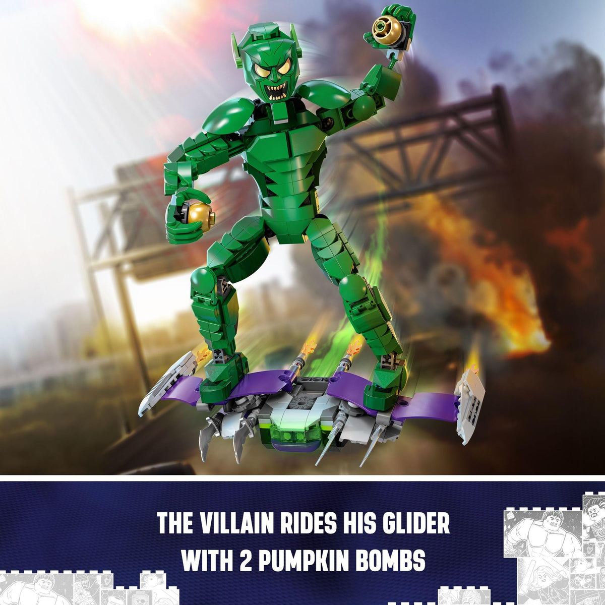 Green Goblin figure on display, 76284 set as a collectible hero.