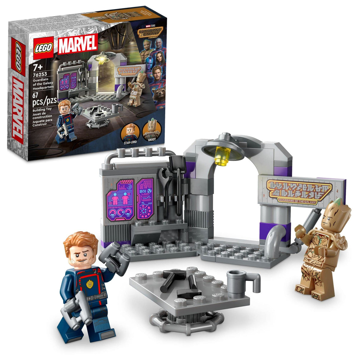 LEGO Marvel Guardians Headquarters front view with Groot and Star-Lord minifigures for imaginative play.