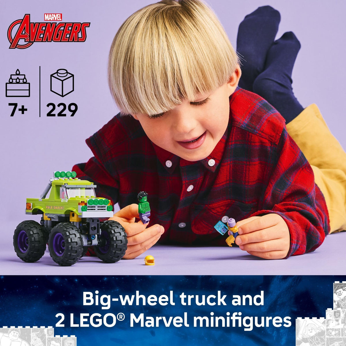 LEGO Marvel Hulk minifigure inside cab for authentic driving action.