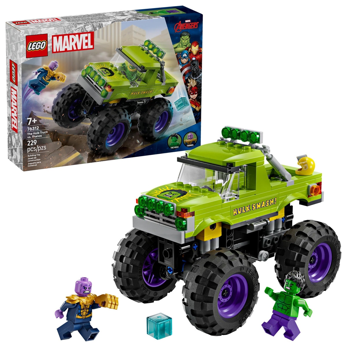 LEGO Marvel Hulk Truck vs Thanos front view for imaginative superhero battles.