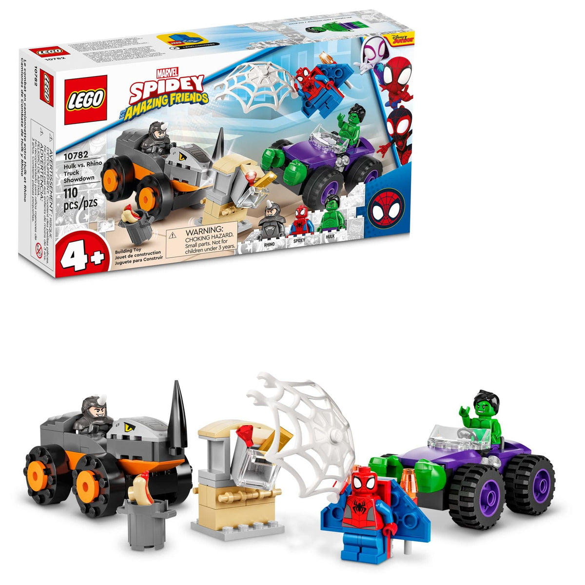 LEGO Marvel Hulk vs Rhino front view showing action-ready monster trucks