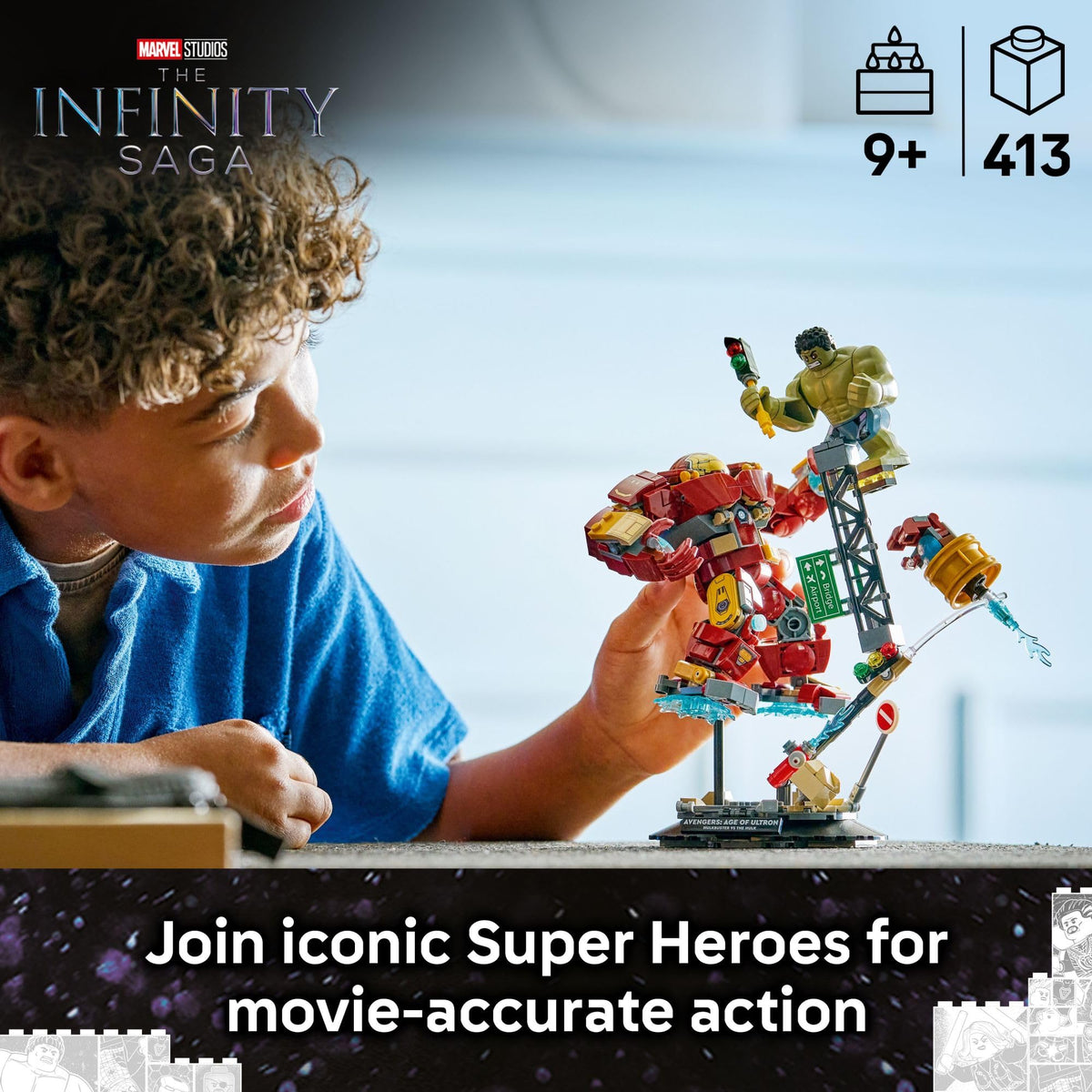LEGO Marvel Hulkbuster armor assembly lets kids pose for dynamic battles.