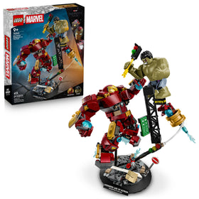 LEGO Marvel Hulkbuster vs Hulk battle scene for display and imaginative play.
