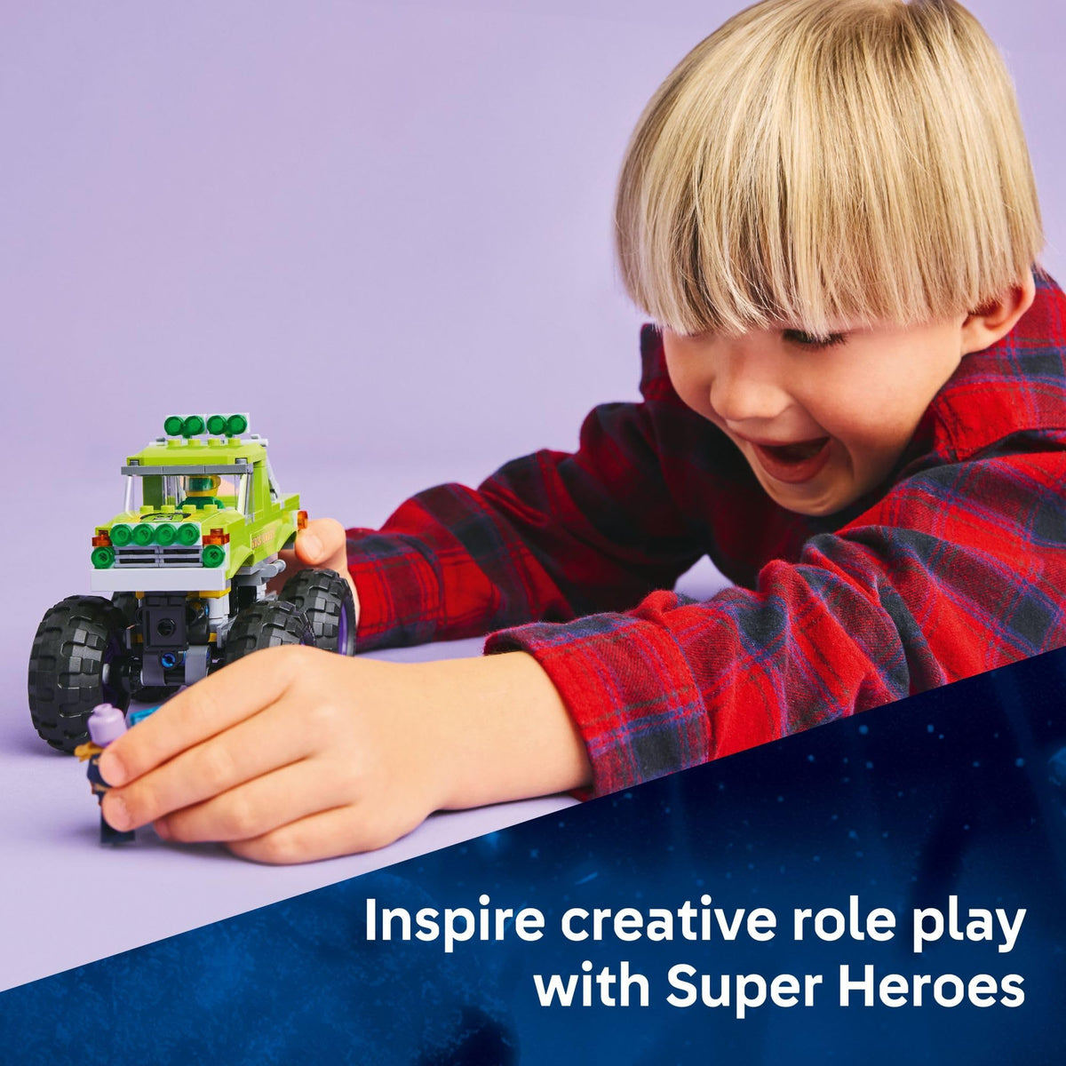 LEGO Marvel monster truck wheels and suspension support dynamic stunt play.