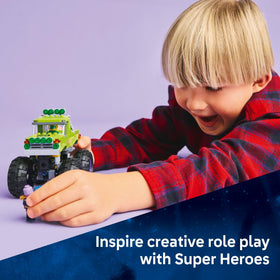 LEGO Marvel monster truck wheels and suspension support dynamic stunt play.