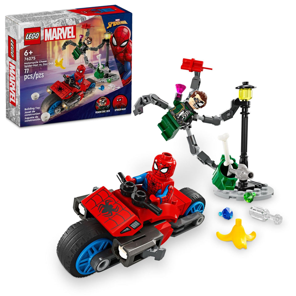 LEGO Marvel Motorcycle Chase Spider-Man on motorcycle for fast-paced hero adventures.