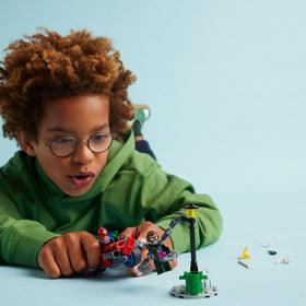 LEGO Marvel Motorcycle Chase Spider-Man minifigure on bike for action-packed play.