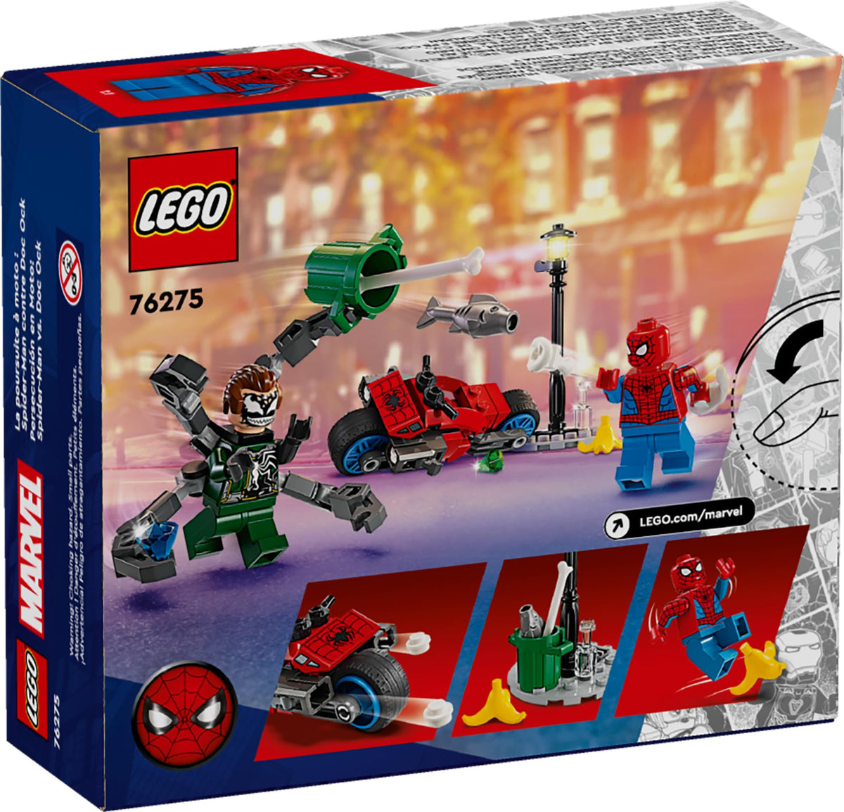 LEGO Marvel Motorcycle Chase venomed Doc Ock and Spider-Man minifigs for epic duels.