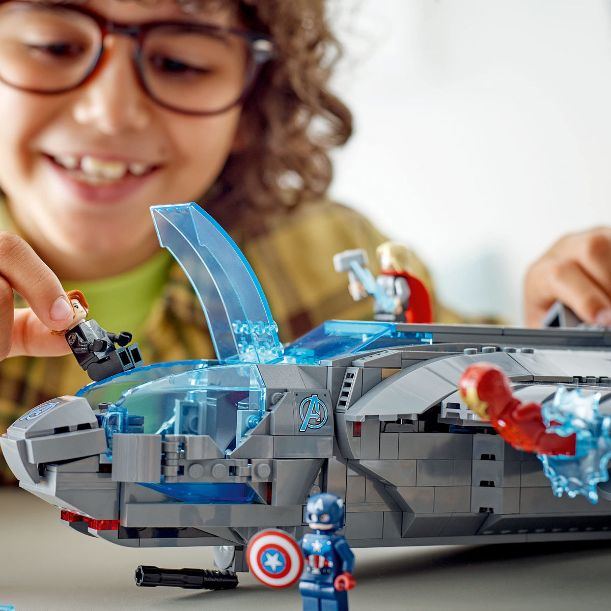 LEGO Marvel Quinjet display stand ready for shelf showcase.