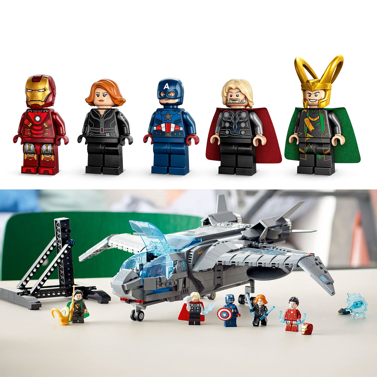 LEGO Marvel Quinjet minifigures pack with Black Widow, Thor, Iron Man, Captain America and Loki.