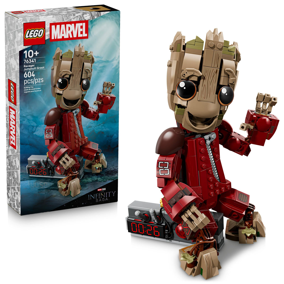 LEGO Marvel Ravager Jumpsuit Groot figure with poseable joints for dynamic display.
