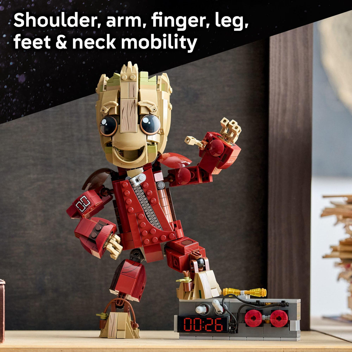 Posable Groot joints enable varied expressions for scenes and storytelling.