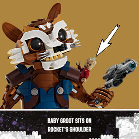 LEGO Marvel Rocket & Baby Groot blaster details, authentic accessories for fans.