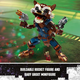 LEGO Marvel Rocket & Baby Groot display angle, perfect for shelf showcases.