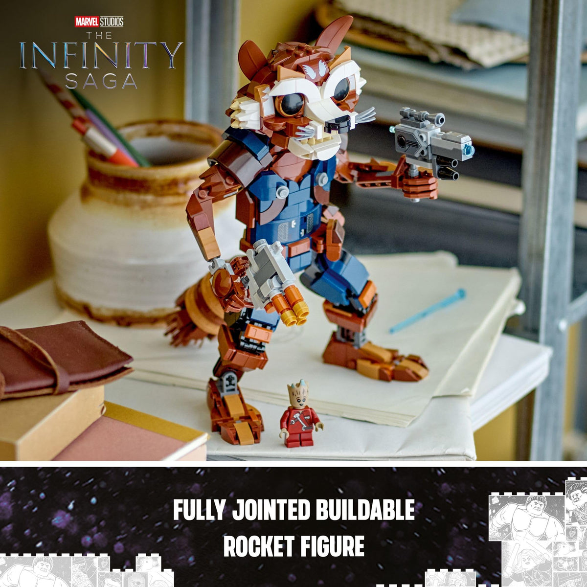 LEGO Marvel Rocket & Baby Groot figure assembly detail, fosters creative building.