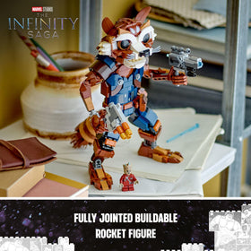 LEGO Marvel Rocket & Baby Groot figure assembly detail, fosters creative building.