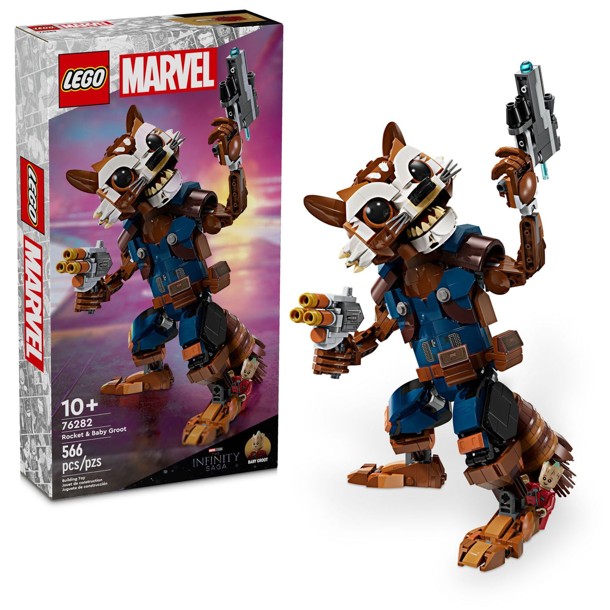 LEGO Marvel Rocket & Baby Groot figure front view, ideal for display and roleplay.
