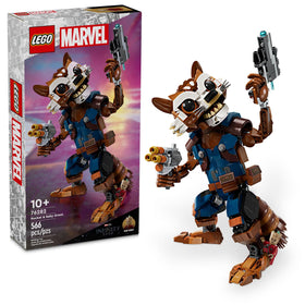 LEGO Marvel Rocket & Baby Groot figure front view, ideal for display and roleplay.