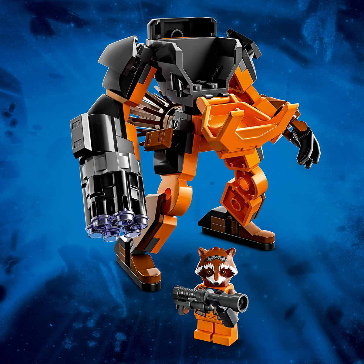 LEGO Marvel Rocket Mech Armor buildable model ready for display or on-the-go play