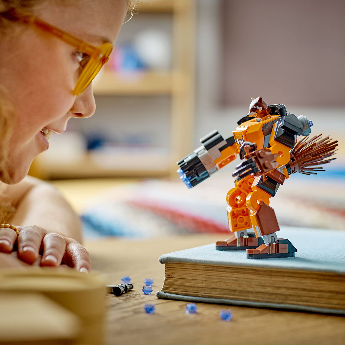 LEGO Marvel Rocket Mech Armor stands tall as a collectible buildable figure