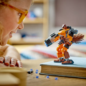 LEGO Marvel Rocket Mech Armor stands tall as a collectible buildable figure