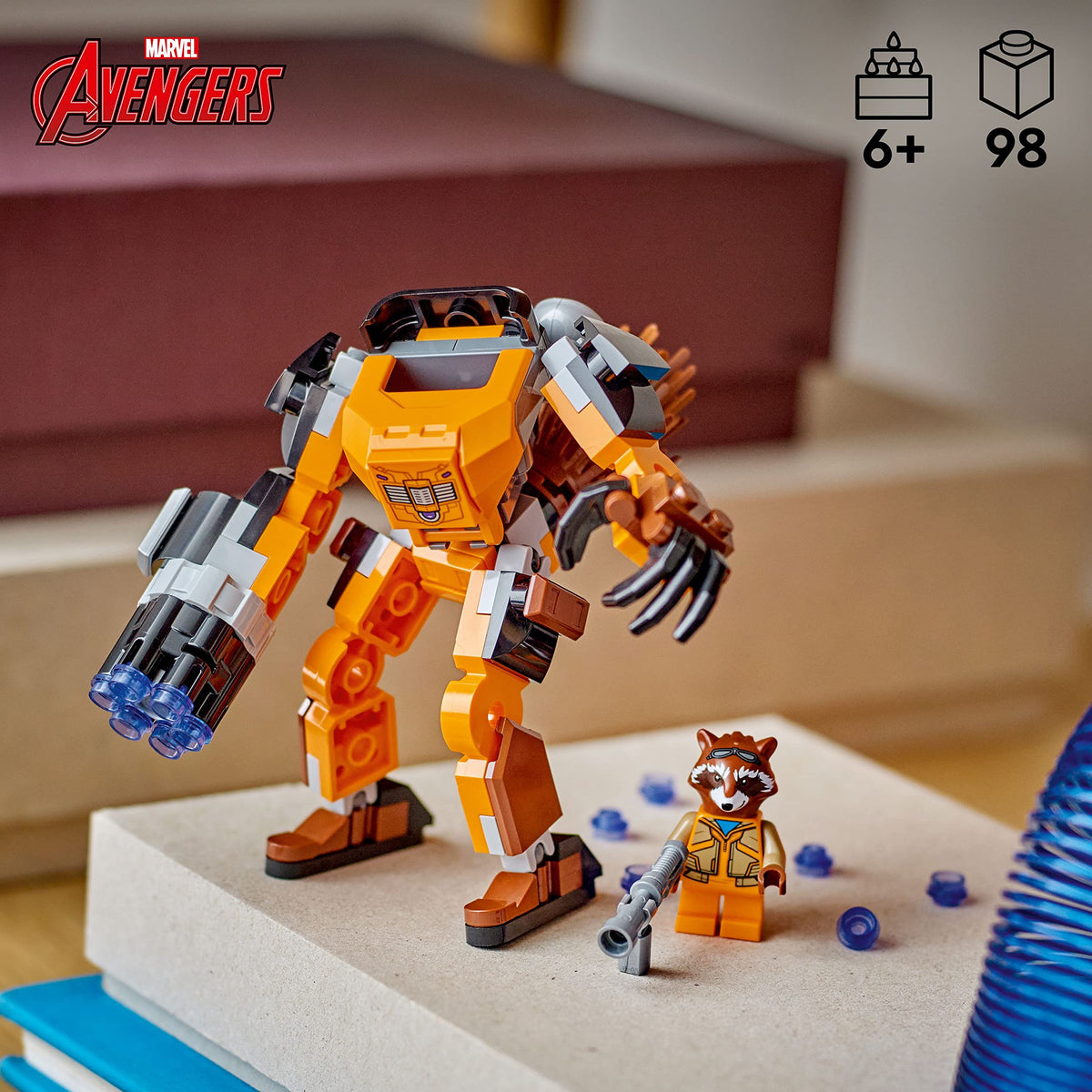 LEGO Marvel Rocket Mech Armor with Rocket minifigure ready for high-energy missions