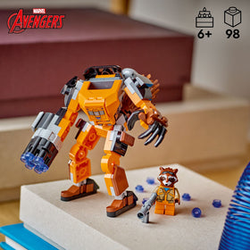 LEGO Marvel Rocket Mech Armor with Rocket minifigure ready for high-energy missions