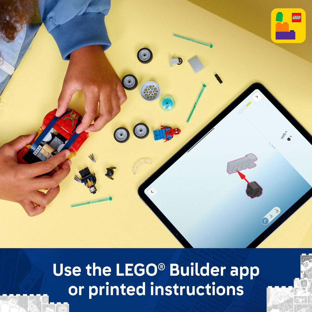 LEGO Marvel Spider-Man Builder app guides progress with 3D instructions for easy assembly.