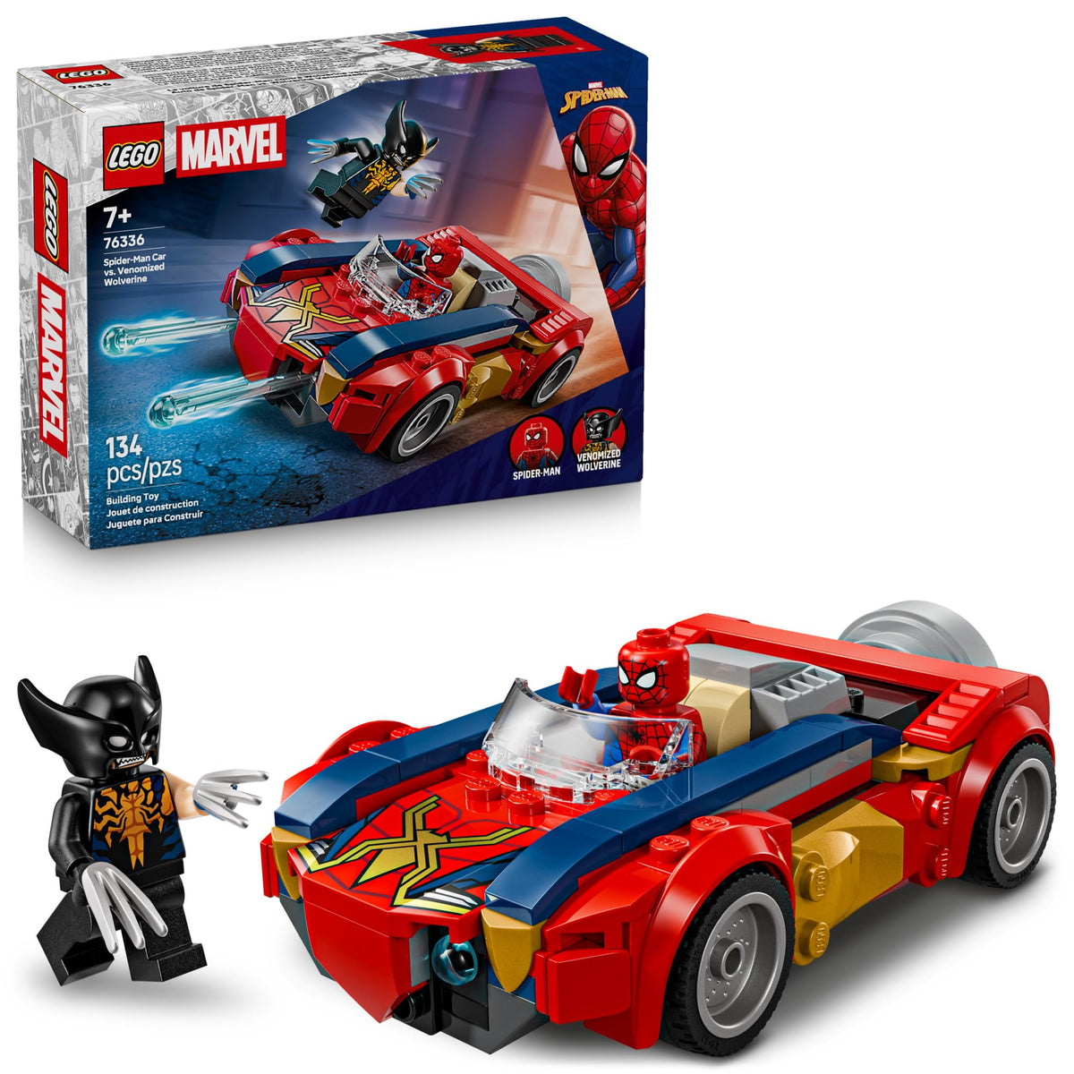 LEGO Marvel Spider-Man car front view highlights fast action for imaginative play.