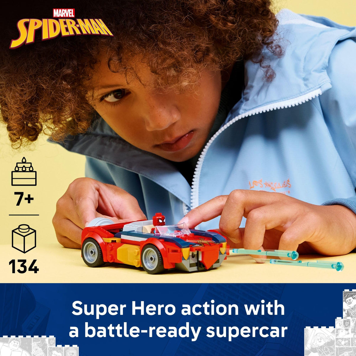 LEGO Marvel Spider-Man car side view shows sleek design for high-speed pretend battles.