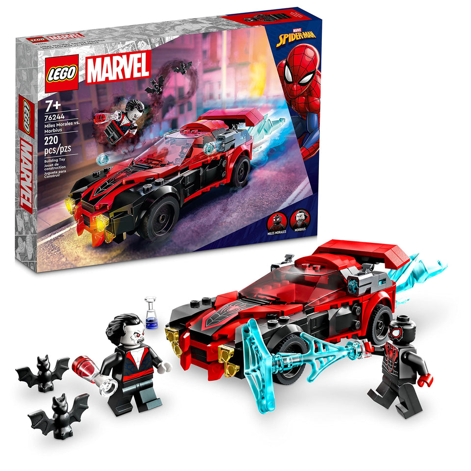 LEGO Marvel Spider-Man Miles Morales Morbius race car front view for high-speed Spider-Verse adventures.