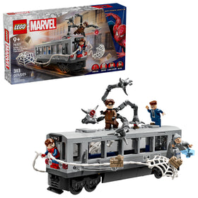 LEGO Marvel Spider-Man subway train scene with Spider-Man and Doc Ock minifigures for imaginative battles