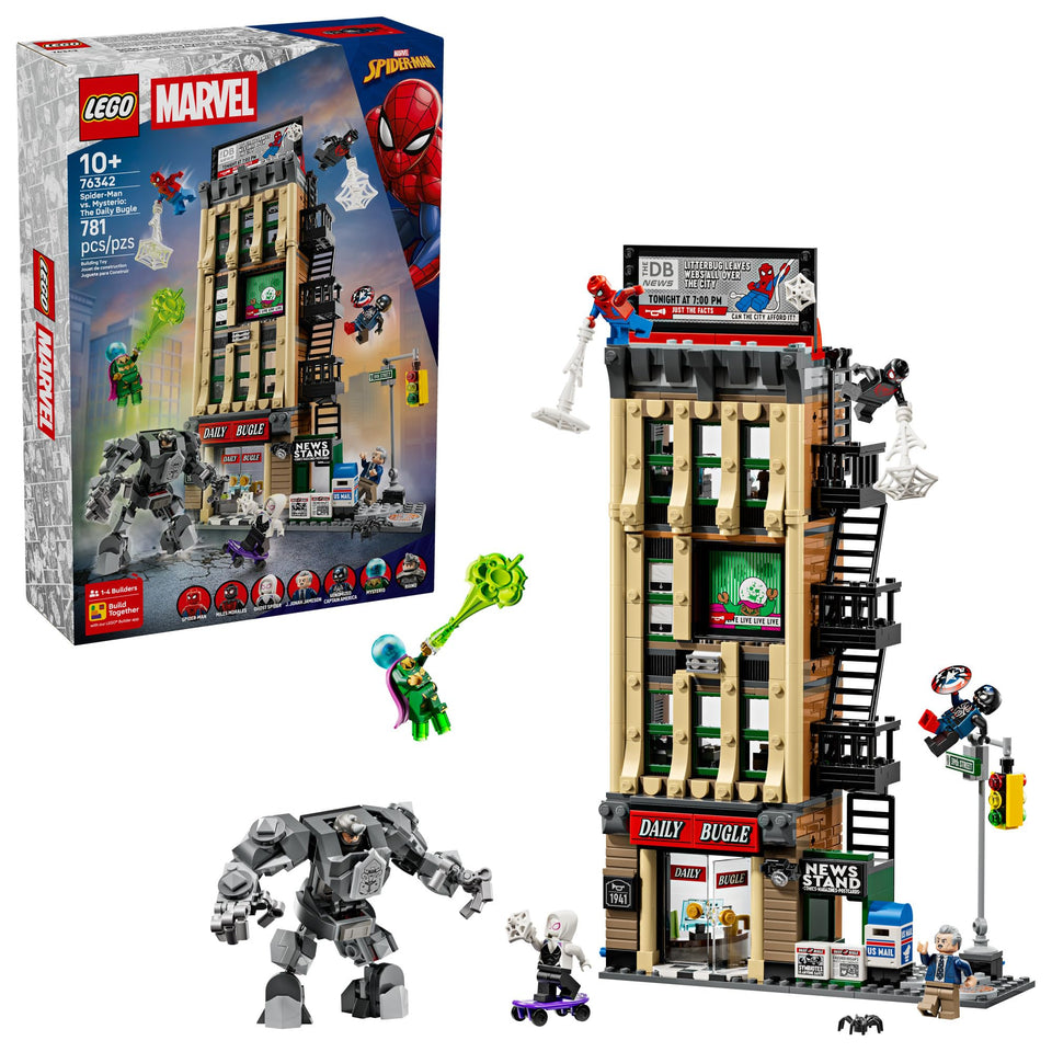 LEGO Marvel Spider-Man vs Mysterio Daily Bugle front view promotes action-packed storytelling