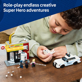 LEGO Marvel Spider-Verse convenience store exploding-wall feature for dramatic play.